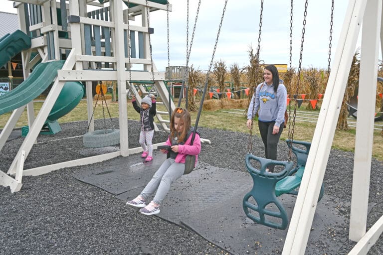 Young girl on swing at playground with older girl standing nearby and woman supervising in Sandusky County, Ohio