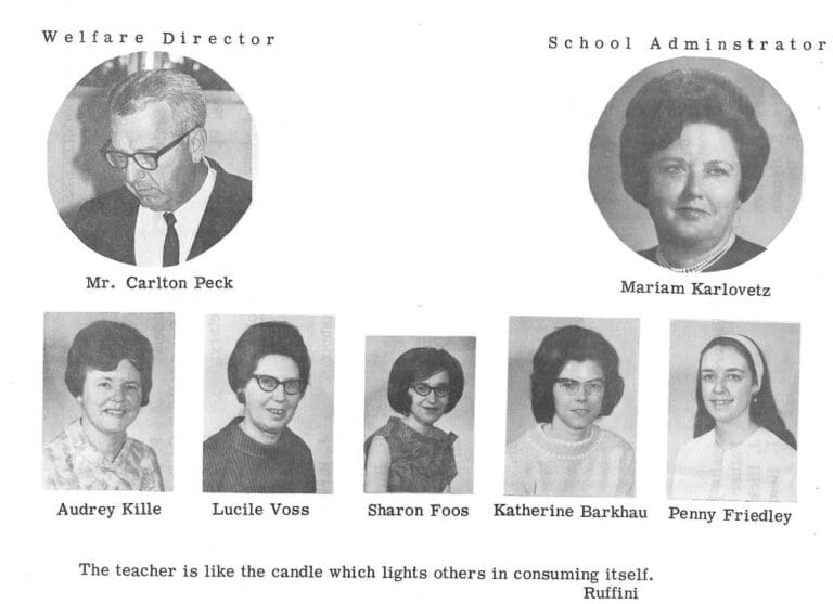 Black and white portrait photographs of school staff from Sandusky County, Ohio: Welfare Director Mr. Carlton Peck, School Administrator Mariam Karlovetz, and teachers Audrey Kille, Lucile Voss, Sharon Foos, Katherine Barkhau, and Penny Friedley