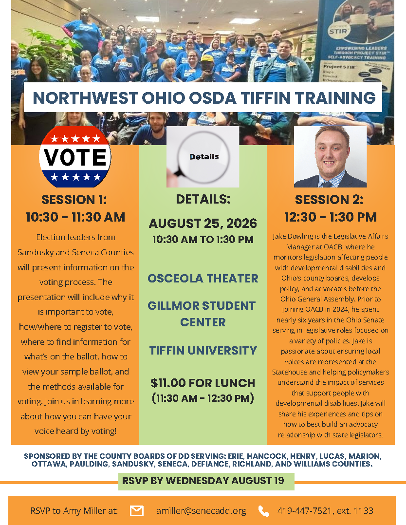 Flyer for Northwest Ohio OSDA Tiffin Training on August 25, 2026, featuring two sessions on voting and developmental disability services in Sandusky County, Ohio
