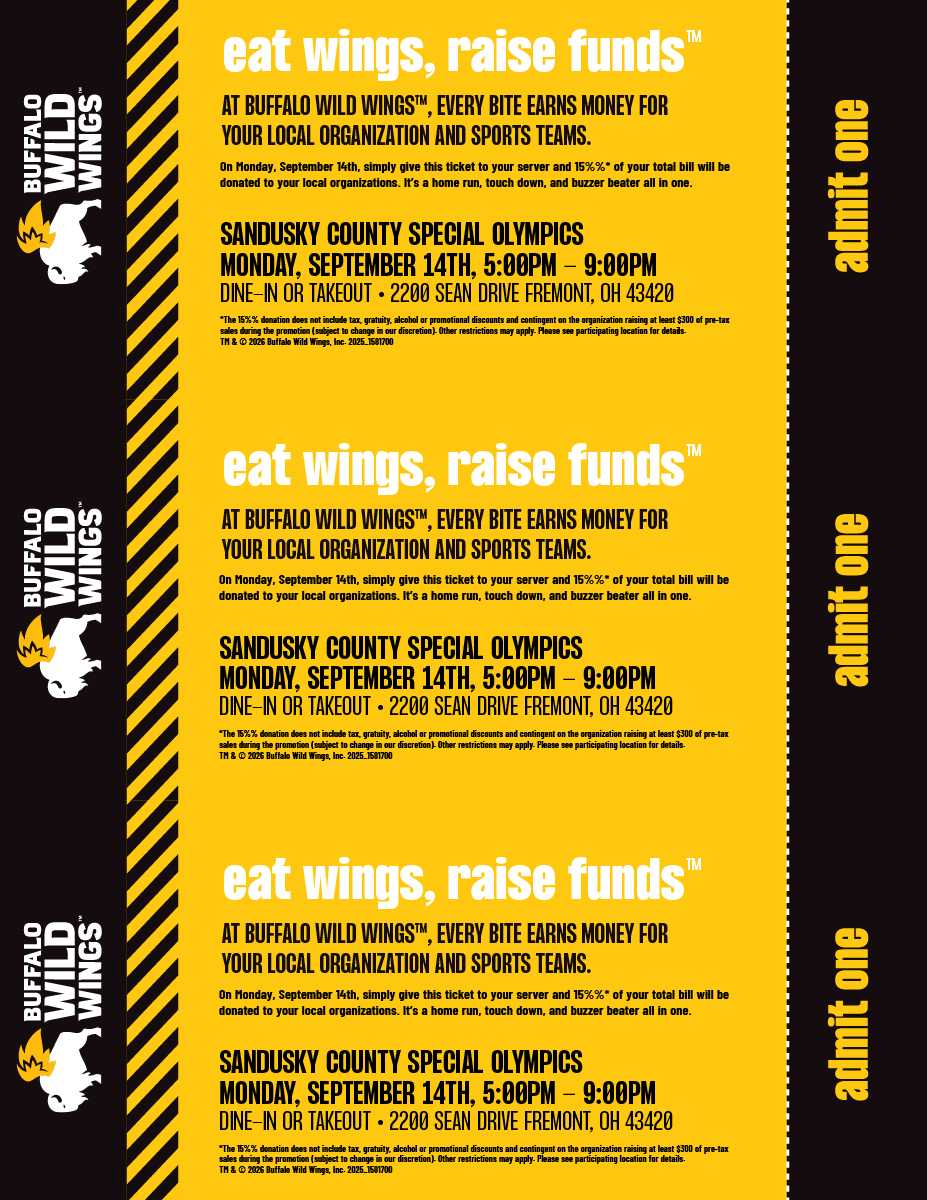 Three Buffalo Wild Wings fundraiser tickets for Sandusky County Special Olympics on September 14th in Fremont, Ohio, offering 15% donation from each bill