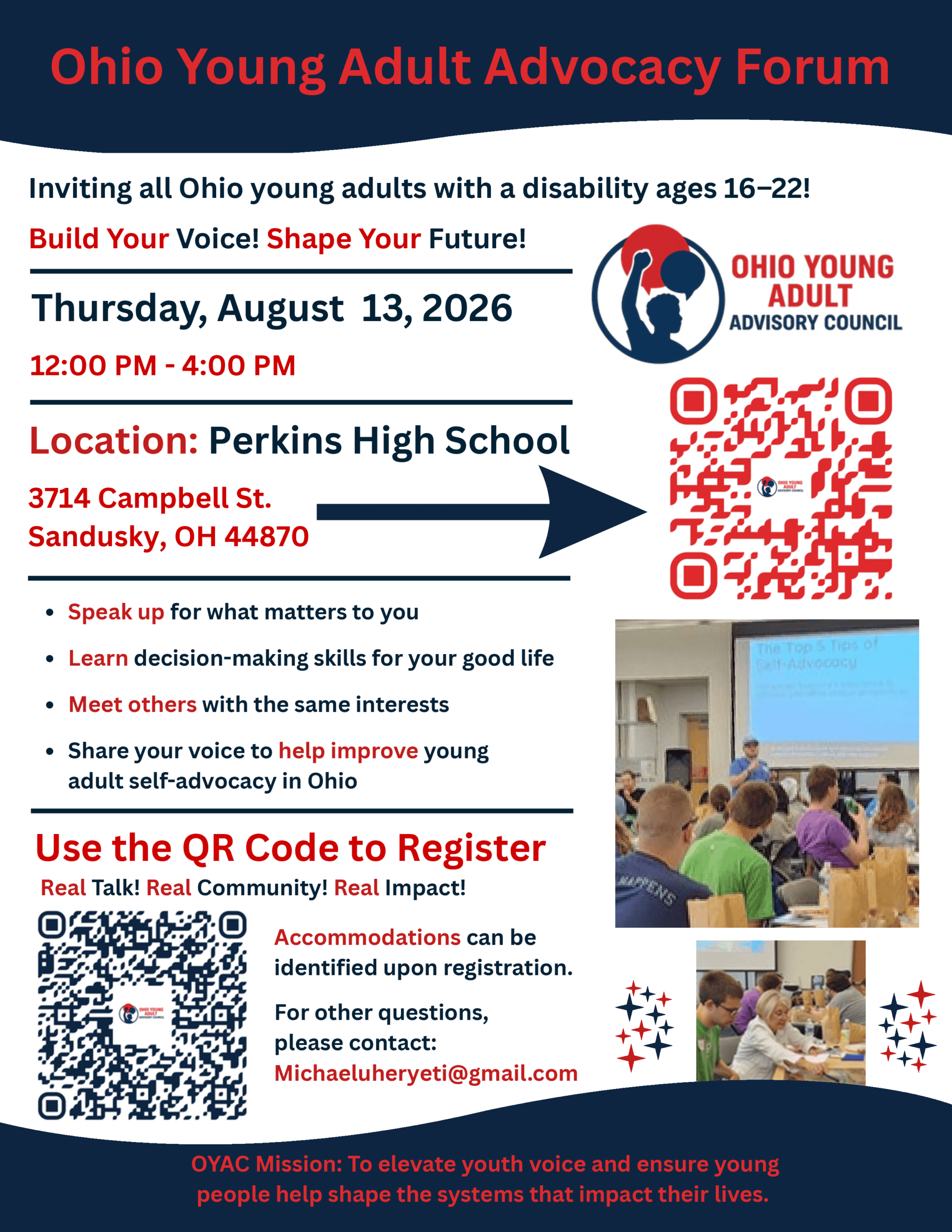 Event flyer for Ohio Young Adult Advocacy Forum on August 13, 2026 at Perkins High School in Sandusky, inviting youth ages 16-22 with disabilities to build advocacy skills and connect with peers