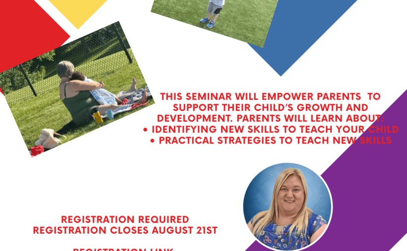 Colorful event flyer for Triple P: Stepping Stones parenting seminar on August 26th at YMCA of Sandusky County in Fremont, Ohio, featuring presenter Nicole Krumnow and disability services resources