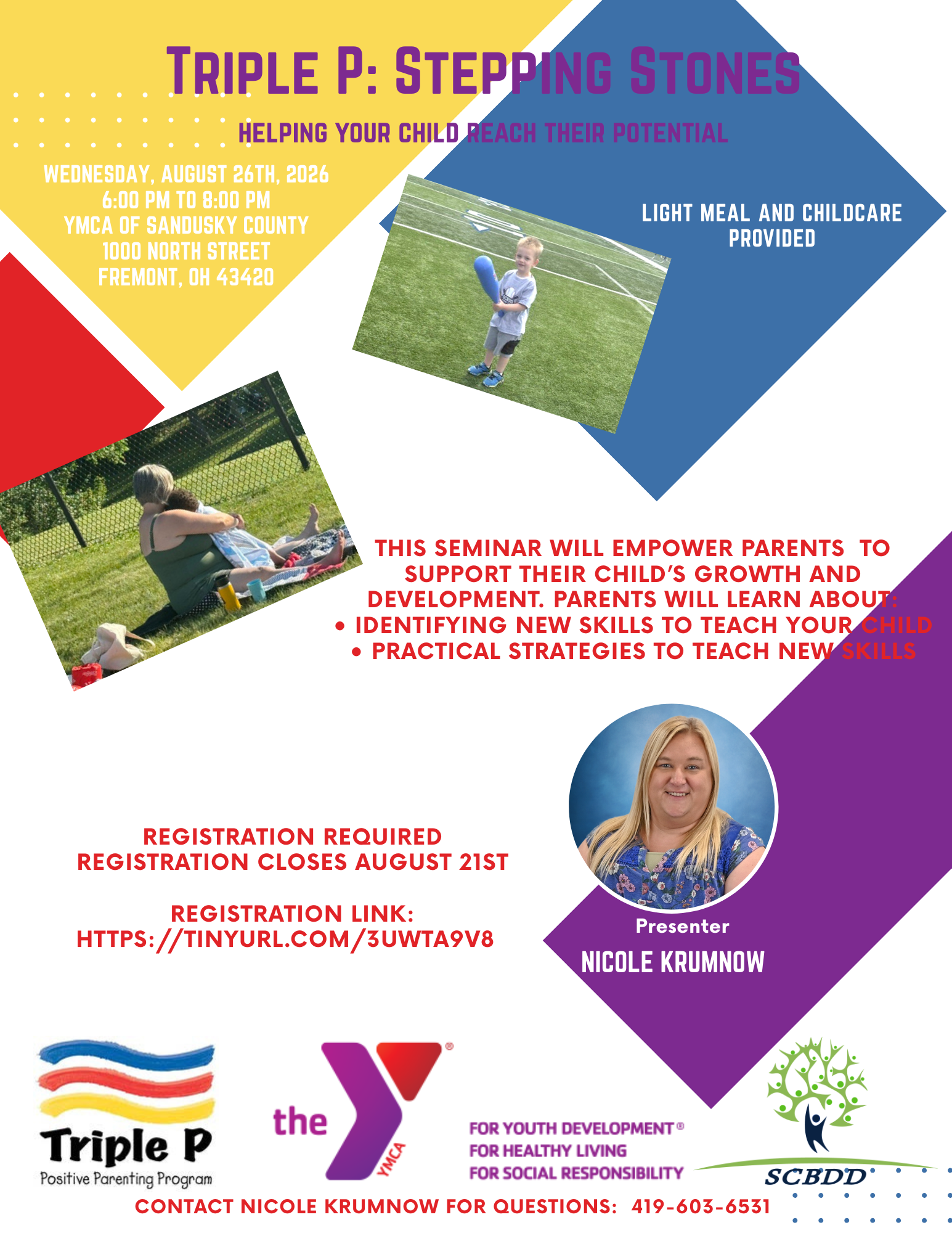 Colorful event flyer for Triple P: Stepping Stones parenting seminar on August 26th at YMCA of Sandusky County in Fremont, Ohio, featuring presenter Nicole Krumnow and disability services resources