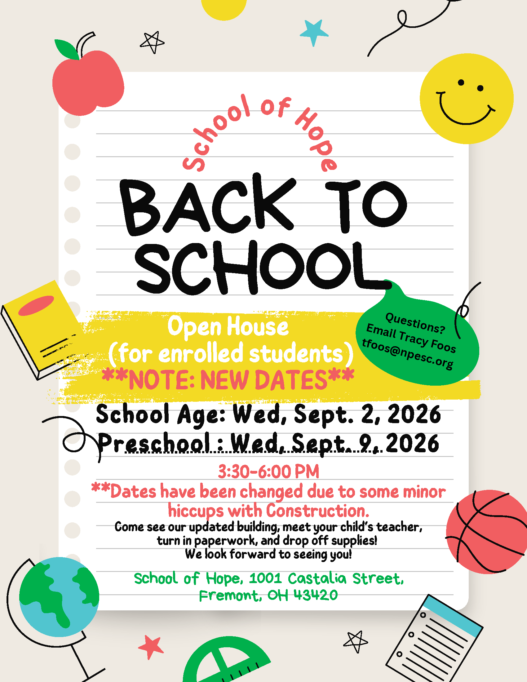 School of Hope back to school open house flyer for enrolled students in Fremont, Ohio on September 2 and 9, 2026 from 3:30-6:00 PM