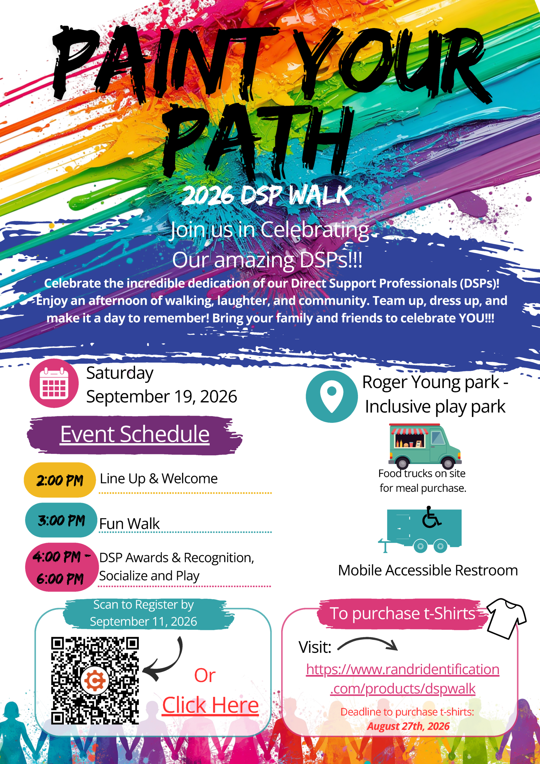 Colorful flyer for Paint Your Path 2026 DSP Walk celebrating Direct Support Professionals in Sandusky County, Ohio on September 19 at Roger Young Park with schedule, registration details, and t-shirt purchase information
