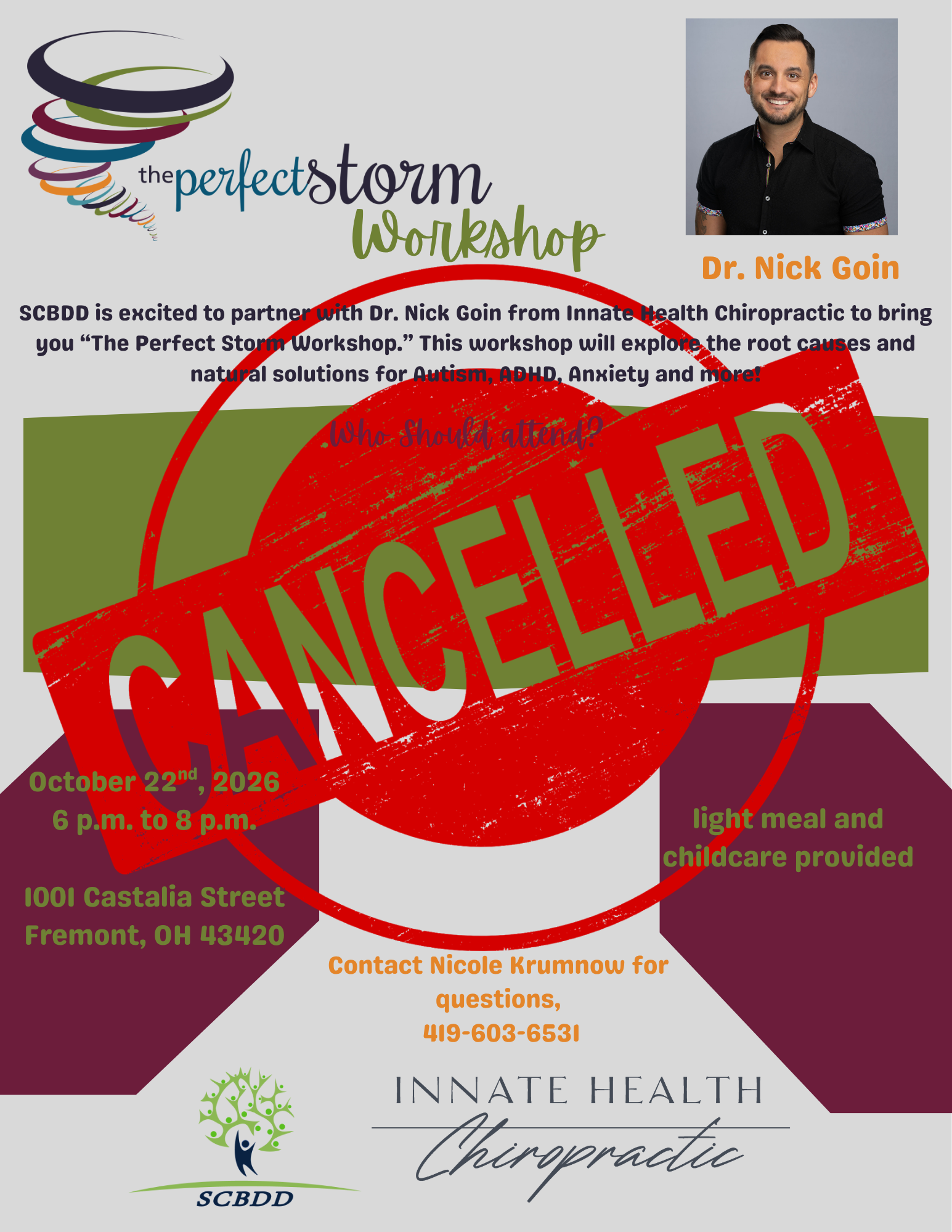 Cancelled event flyer for Perfect Storm Workshop with Dr. Nick Goin on October 22, 2026 in Fremont, Ohio, featuring Innate Health Chiropractic and SCBDD disability services