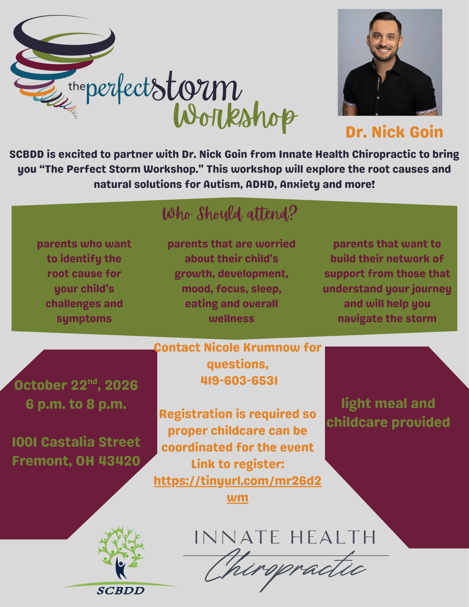 Promotional flyer for Perfect Storm Workshop with Dr. Nick Goin on October 22, 2026, in Fremont Ohio, featuring autism and ADHD support for parents seeking developmental disability services