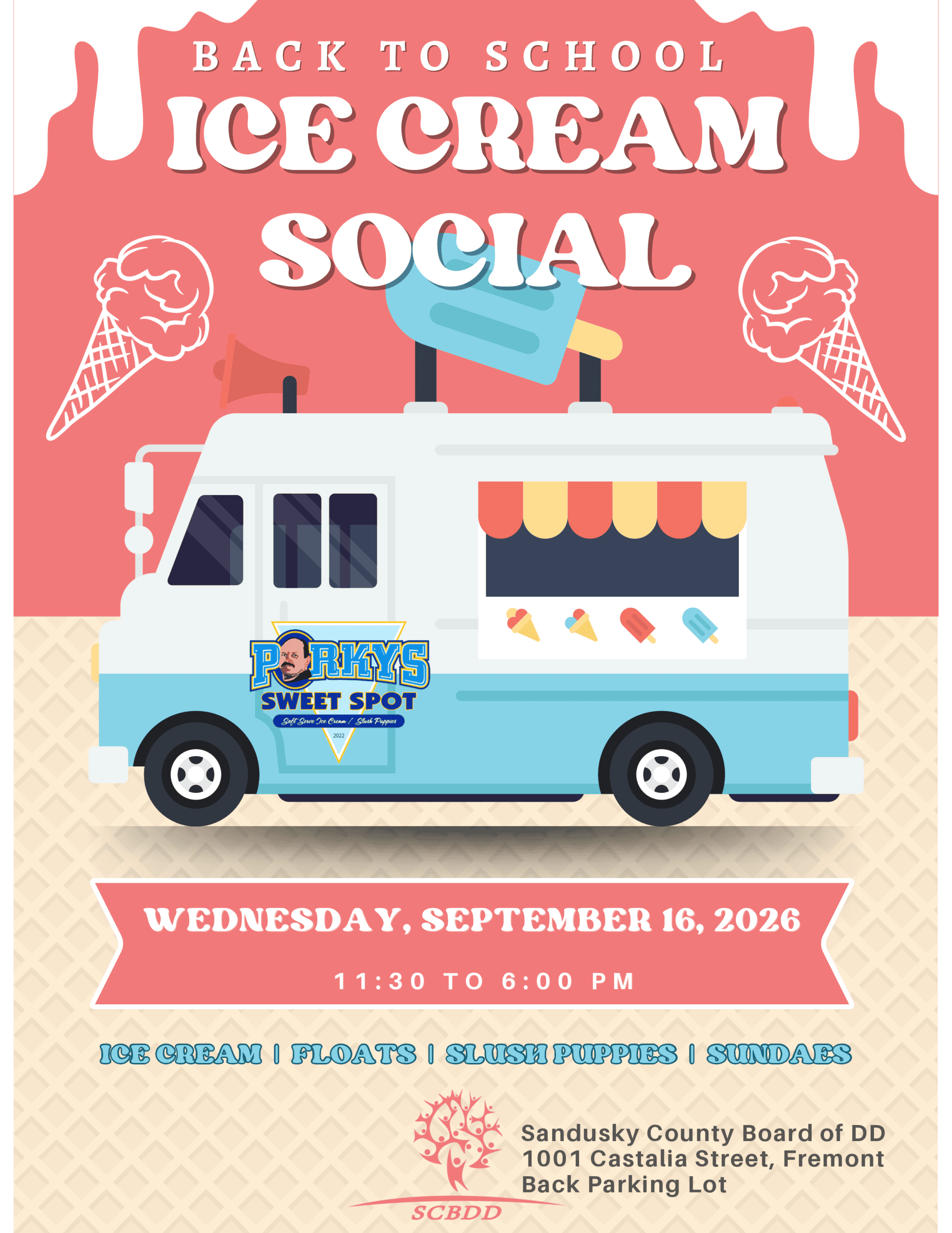 Back to School Ice Cream Social poster featuring ice cream truck, September 16, 2026, Sandusky County Board of DD, Fremont Ohio