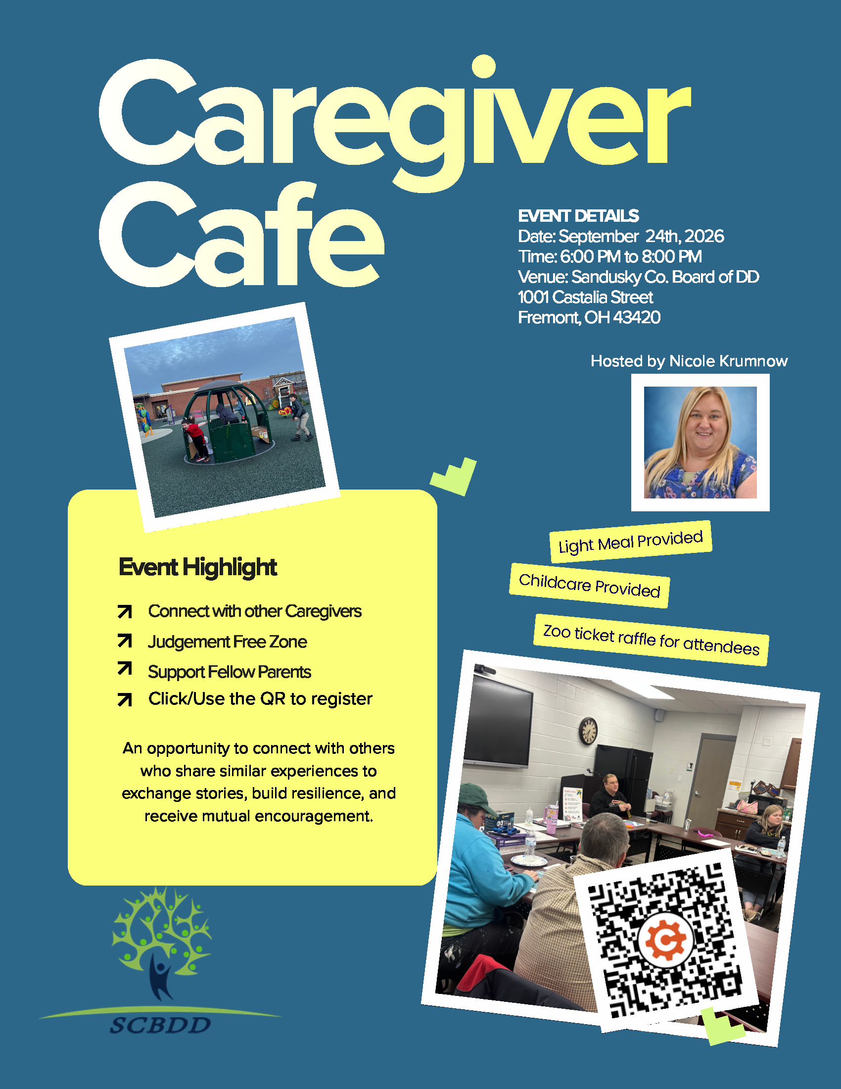 Caregiver Cafe flyer for September 24th event in Fremont, Ohio featuring support group details, light meal, childcare, and zoo raffle for caregivers of children with developmental disabilities