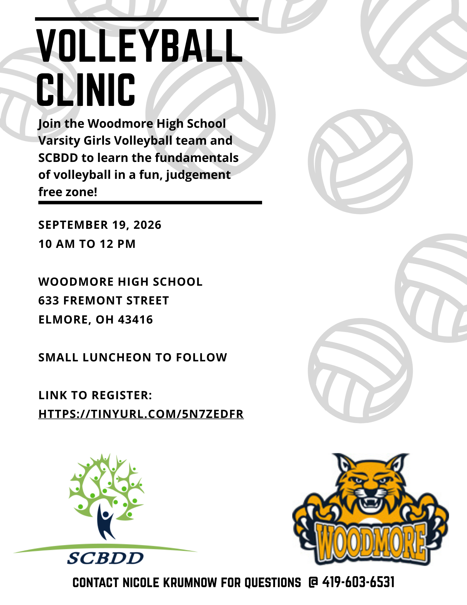 Volleyball clinic flyer for Woodmore High School in Elmore, Ohio on September 19, 2026, hosted by Woodmore Varsity Girls Volleyball and SCBDD offering developmental disability services in Sandusky County