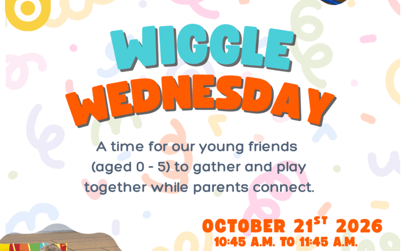 Colorful flyer for Wiggle Wednesday at Fremont YMCA on October 21st, 2026, featuring photos of toddlers playing with exercise equipment and text describing early intervention services for children aged 0-5 in Sandusky County, Ohio