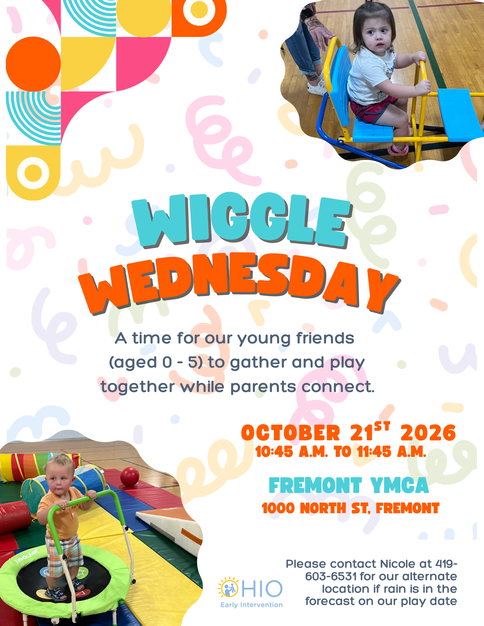Colorful flyer for Wiggle Wednesday at Fremont YMCA on October 21st, 2026, featuring photos of toddlers playing with exercise equipment and text describing early intervention services for children aged 0-5 in Sandusky County, Ohio