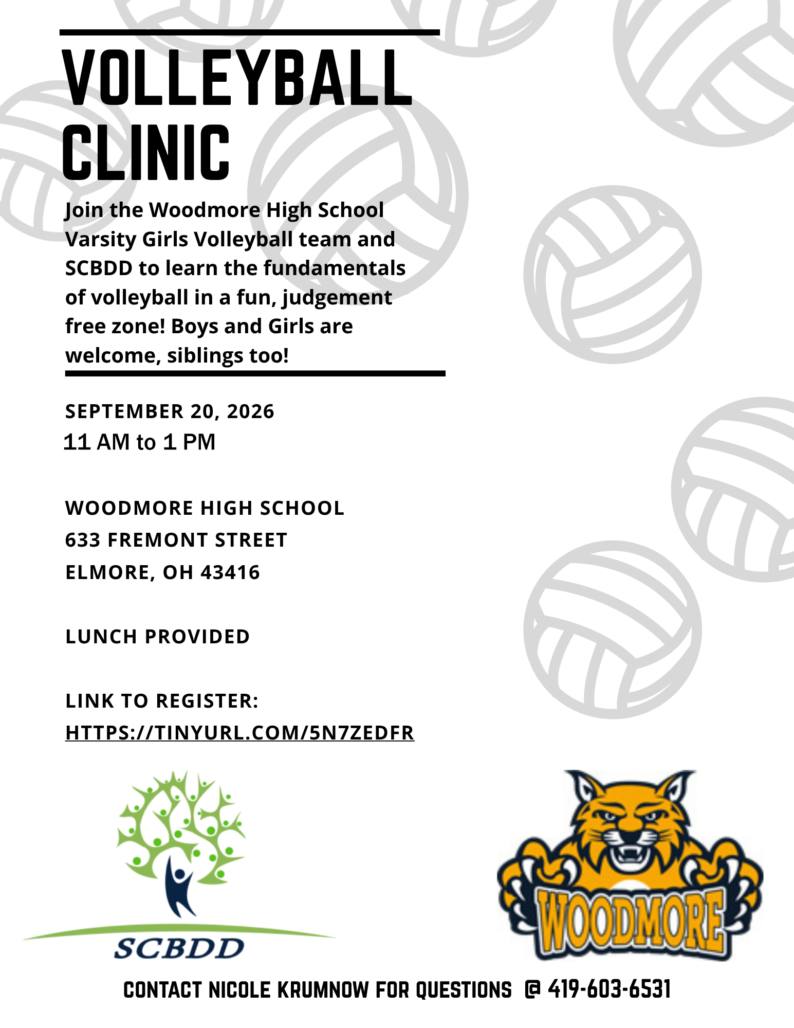 Volleyball clinic flyer for Woodmore High School featuring gray volleyballs, SCBDD and Woodmore logos, September 20, 2026, 11 AM to 1 PM in Elmore, OH with registration link