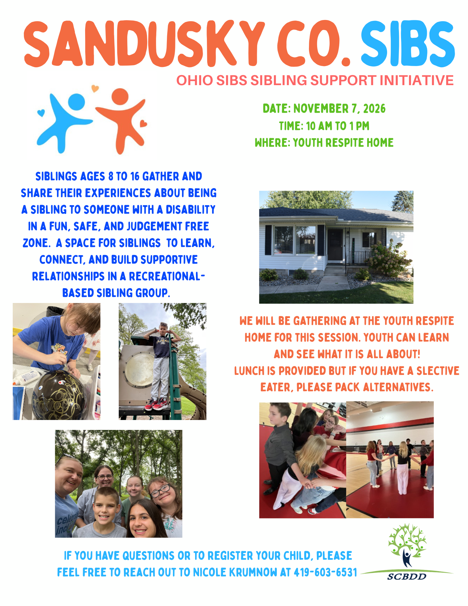 Sandusky County SIBS sibling support event flyer for November 7, 2026 at Youth Respite Home, featuring activities and contact information for siblings ages 8-16 with developmental disabilities in Ohio