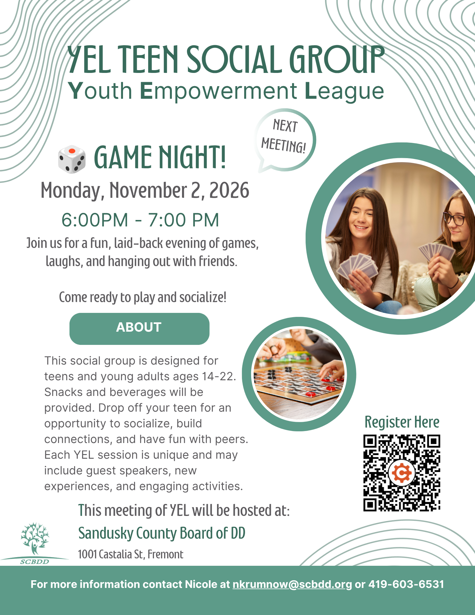 Flyer for YEL Teen Social Group Game Night on November 2, 2026, hosted by Sandusky County Board of DD in Fremont, Ohio for teens ages 14-22